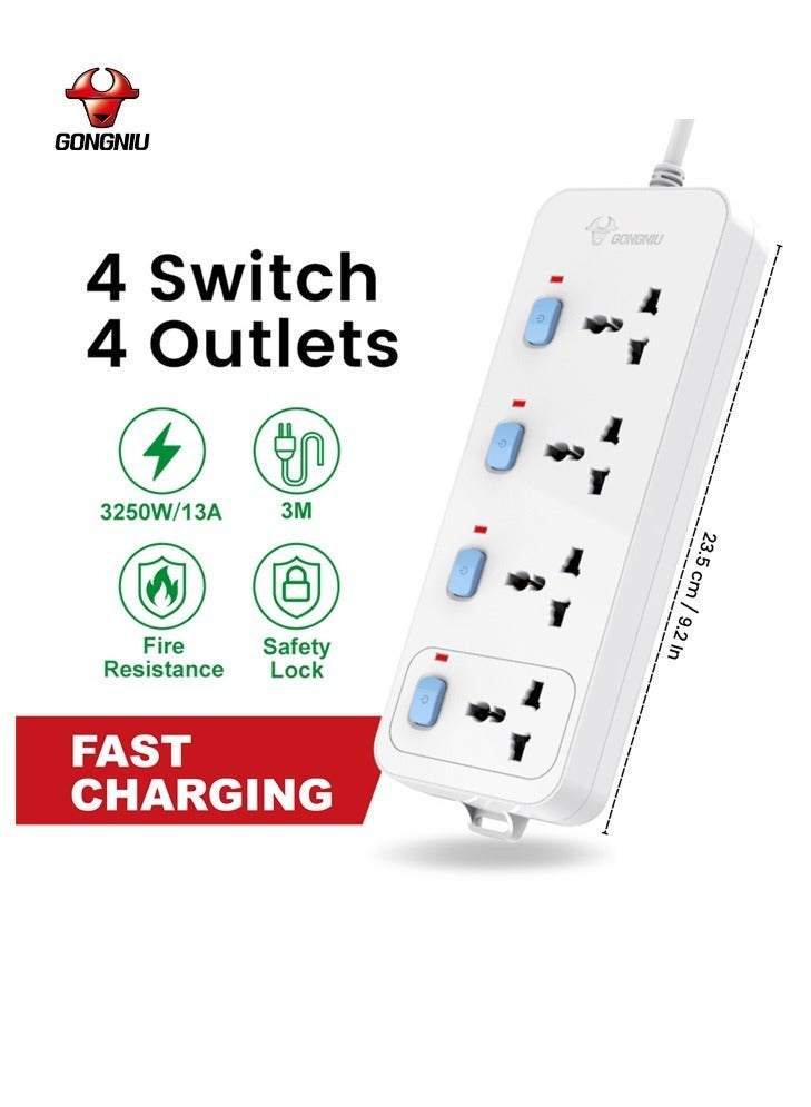 GONGNIU 4-Way Multi Plug Power Extension Cord 3M with 4 Universal Sockets, Individual Switches, Hanging Holes, Power Strip Extension Lead for Home & Office - Image 4